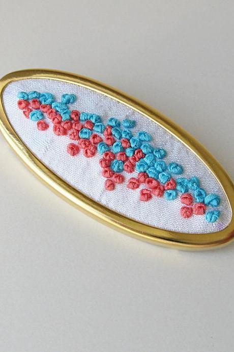 Aqua Coral Brooch Silk Ribbon Embroidery